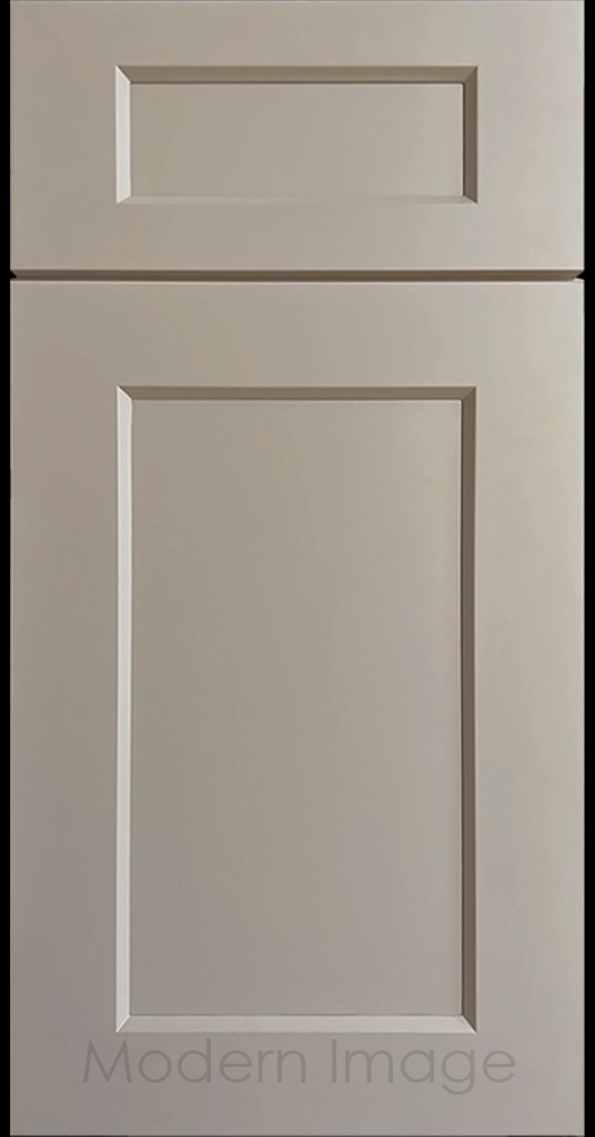 Laguna French Grey painted Shaker kitchen cabinet door with wide stiles & rails, inside profile and a flat center panel.